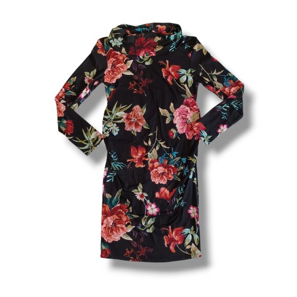 Mother Bee Maternity Dress Long Sleeve Cowl Neck Floral Bodycon Black Red Size M - Picture 1 of 9
